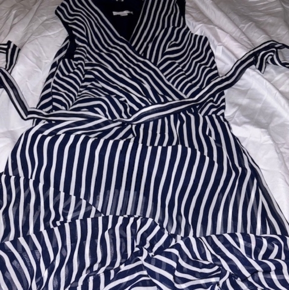 New York & Company Navy and White Striped Wrap High-Low Dress - Picture 5 of 5